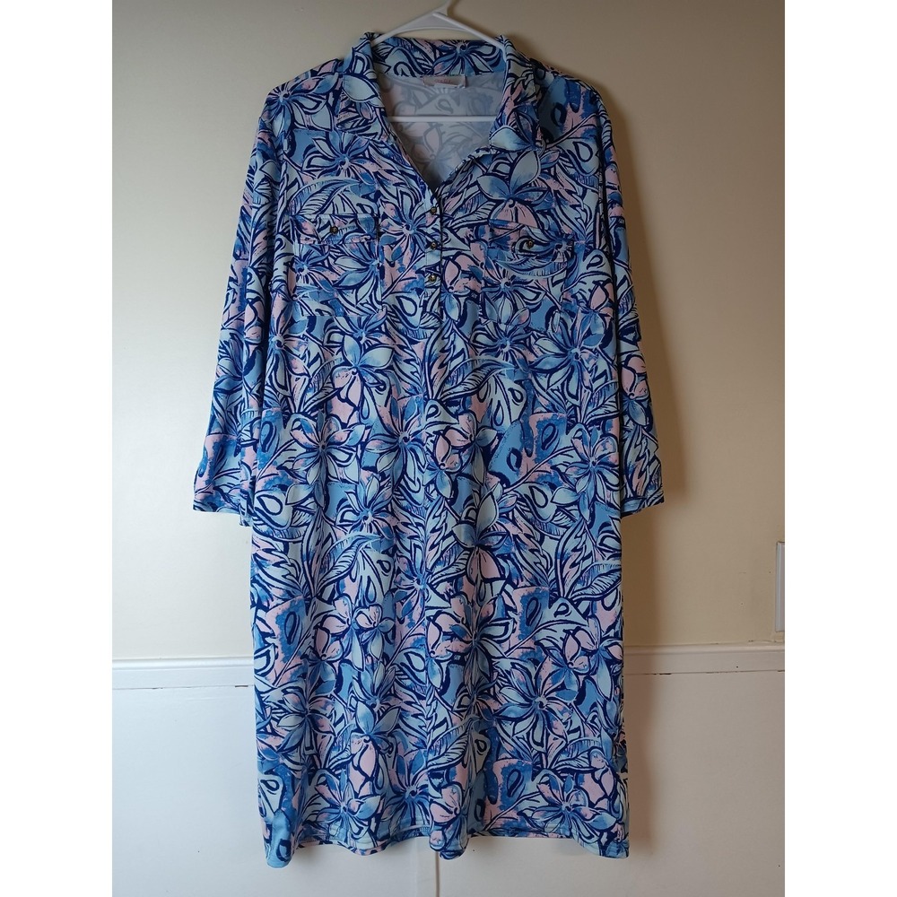 Stella Parker Collection Dress Womens XL Blue Floral Shirt 3/4 Sleeve Stretch
